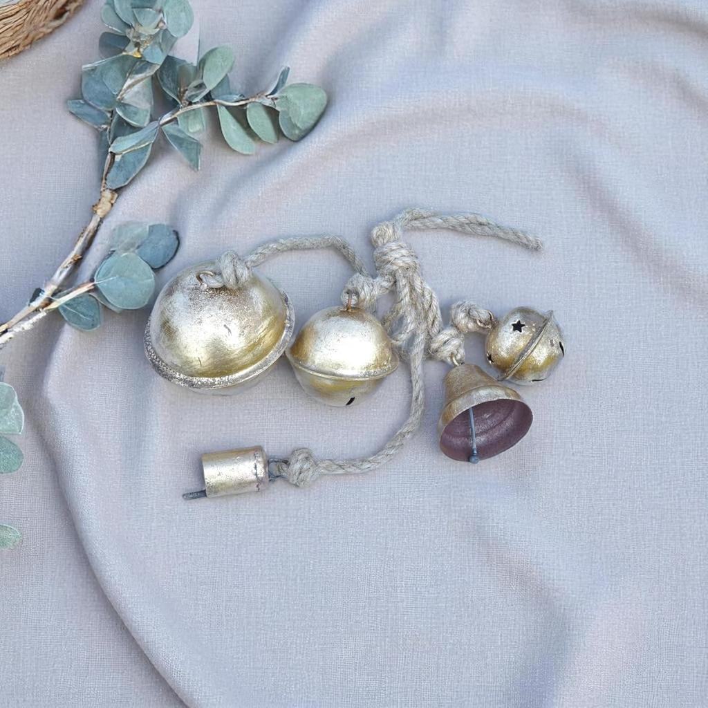 Деревенский золотой металлический колокольчик 22 дюйма длиной с 5 колокольчиками смешанной формы, подвесной декор из джутовой веревки ручной работы для сада и дома