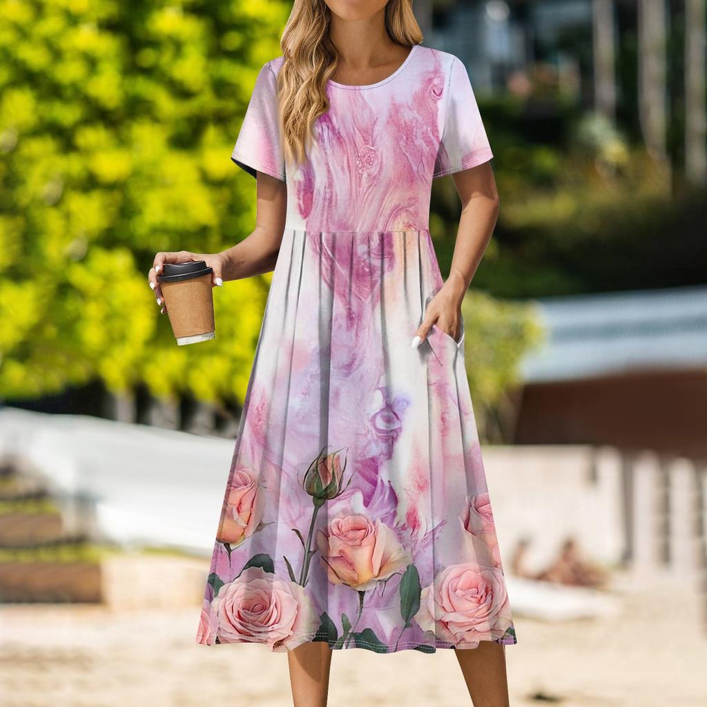Women's Casual Cute Pattern Print Round Neck Midi Dress Basic Classic Outdoor Everyday Short Sleeve Loose Dress