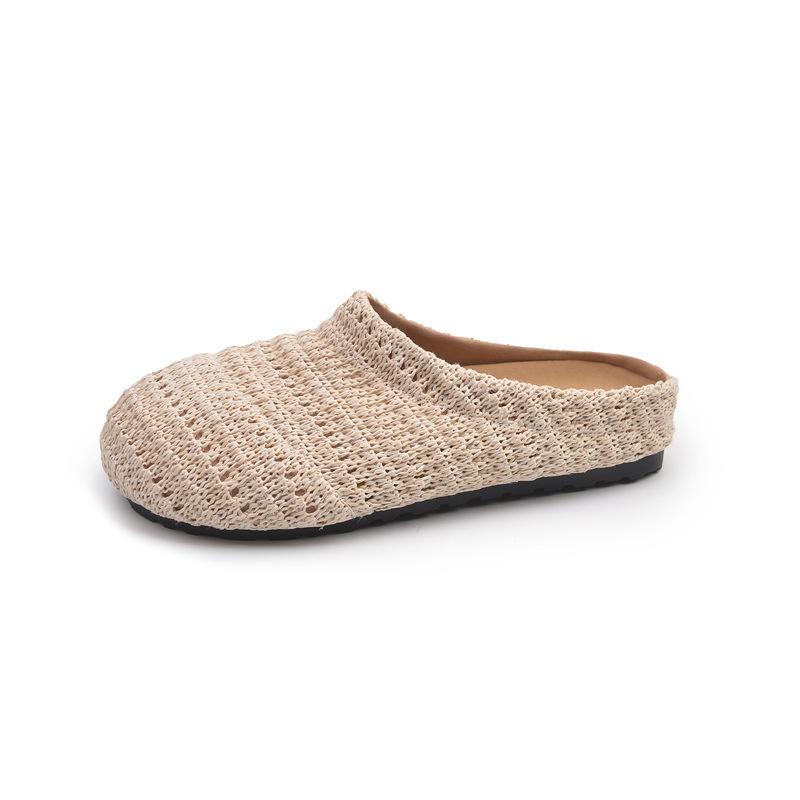 Woven Bag Head Wearing Half Slippers Women's 2025 Summer Beach One Pedal Bag Head Half Drag Muller Flat Slippers