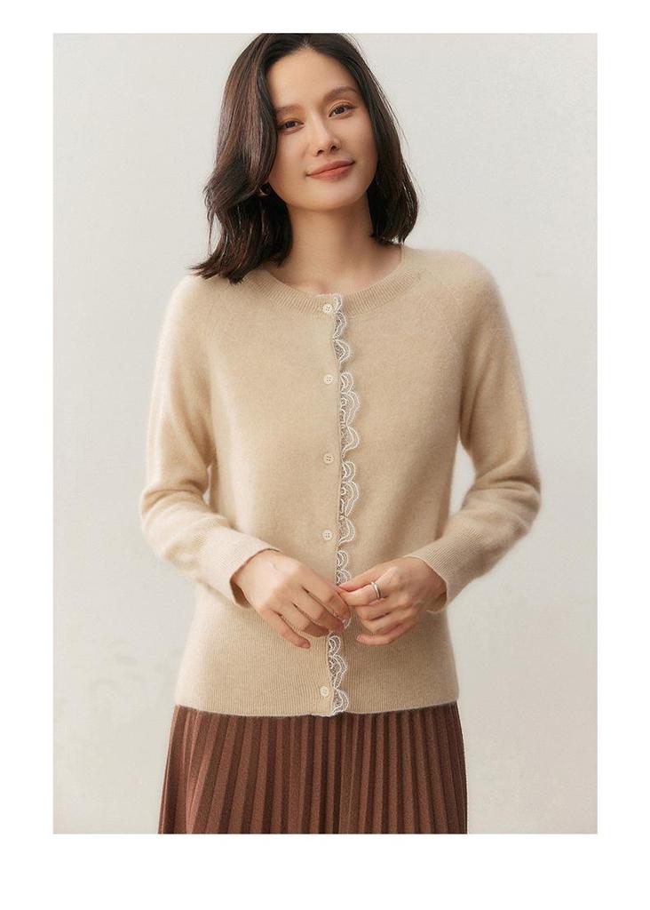 Women's Autumn Cashmere Round Neck Lace Knit Cardigan Sweater - Korean Style, Solid Color, Outerwear Option