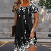 Fashion Womens Loose Leaf Pattern Print O Neck Short Sleeve Leaves Print Loose Streetwear A-line Dress