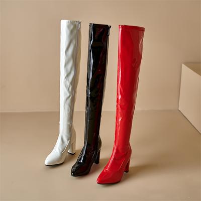 Сексуальные красные лаковые ботфорты выше колена женские на массивном каблуке черные белые для вечеринки танцев клуба женские зимние на молнии ботфорты до бедра