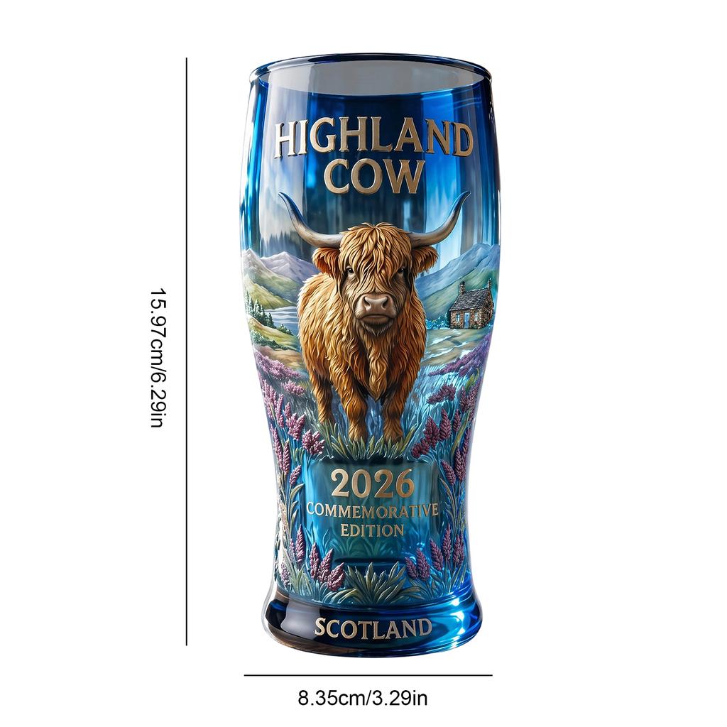 Glass 2026 Highland Cow Commemorative Glass Colored Glass Bottles Vintage Cow Pattern Drinkware for Dining Table Birthday