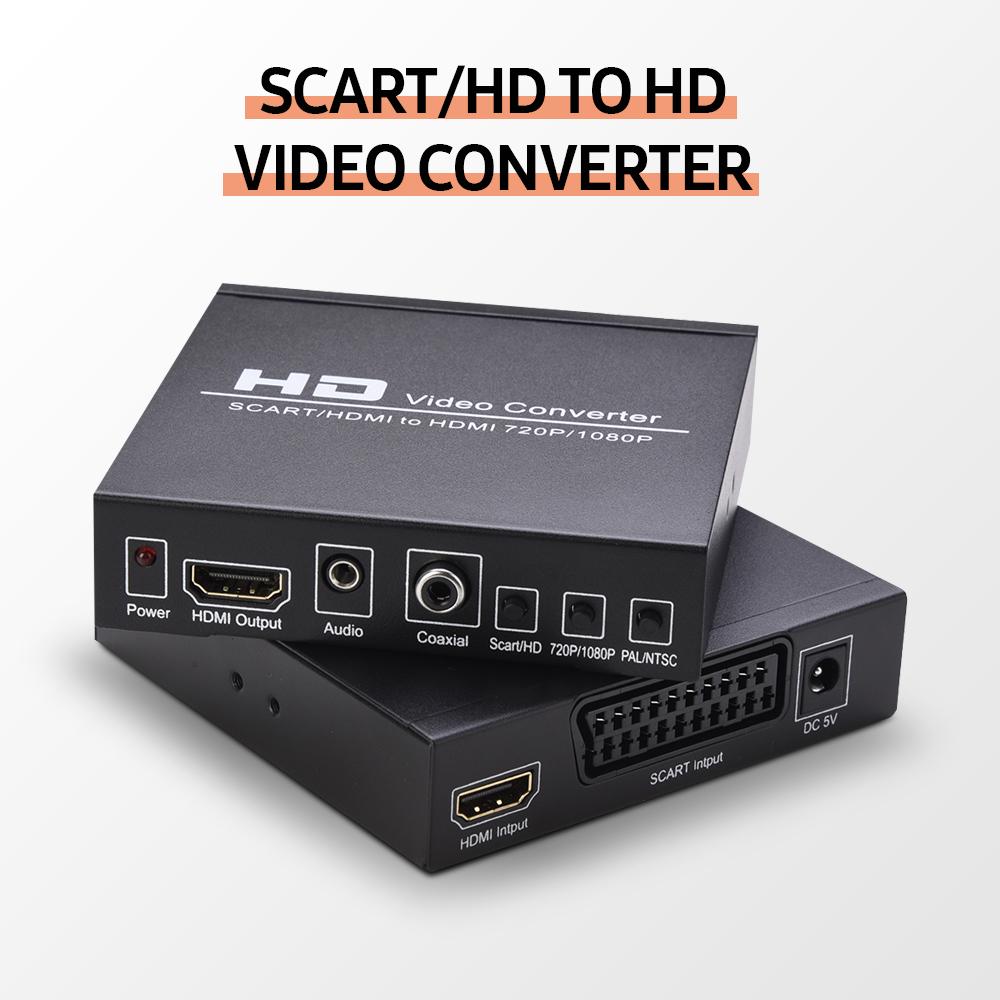 Конвертер видео SCART/HD в HD Поддержка переключателя 720P/1080P Переключатель PAL/NTSC SCART HD Вход HD 3,5 мм Аудио Коаксиальный выход Американская вилка