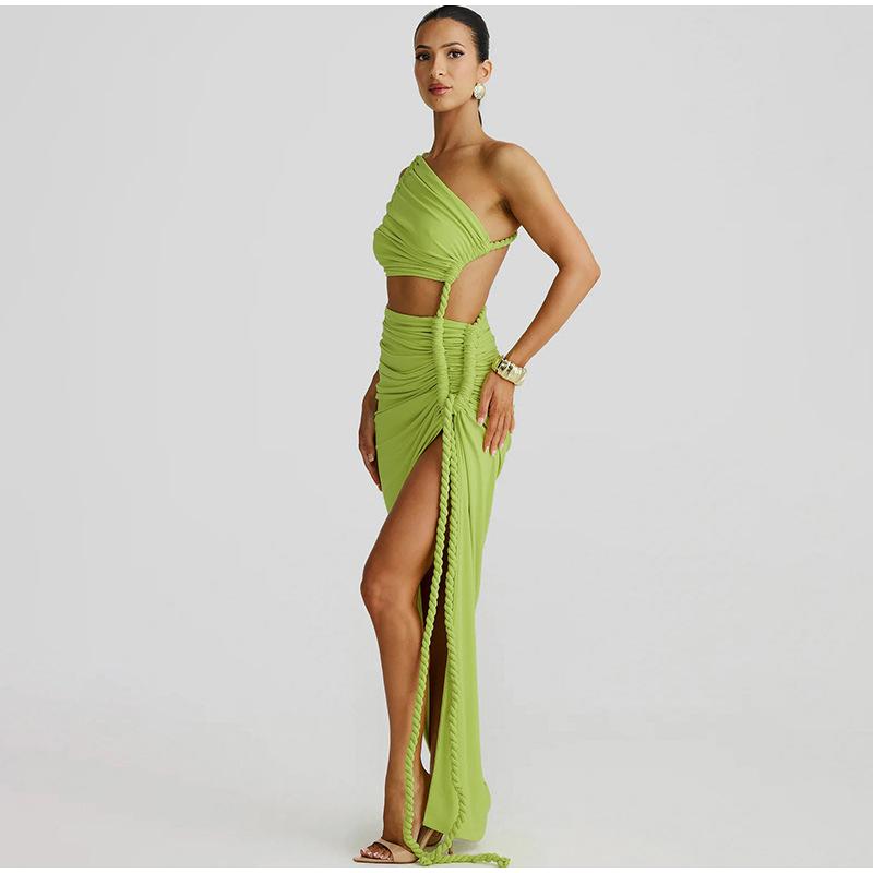 Модное асимметричное платье с открытой спиной и высоким разрезом, длинное женское сексуальное платье с косыми плечами из пеньковой веревки, ажурное летнее платье для отдыха