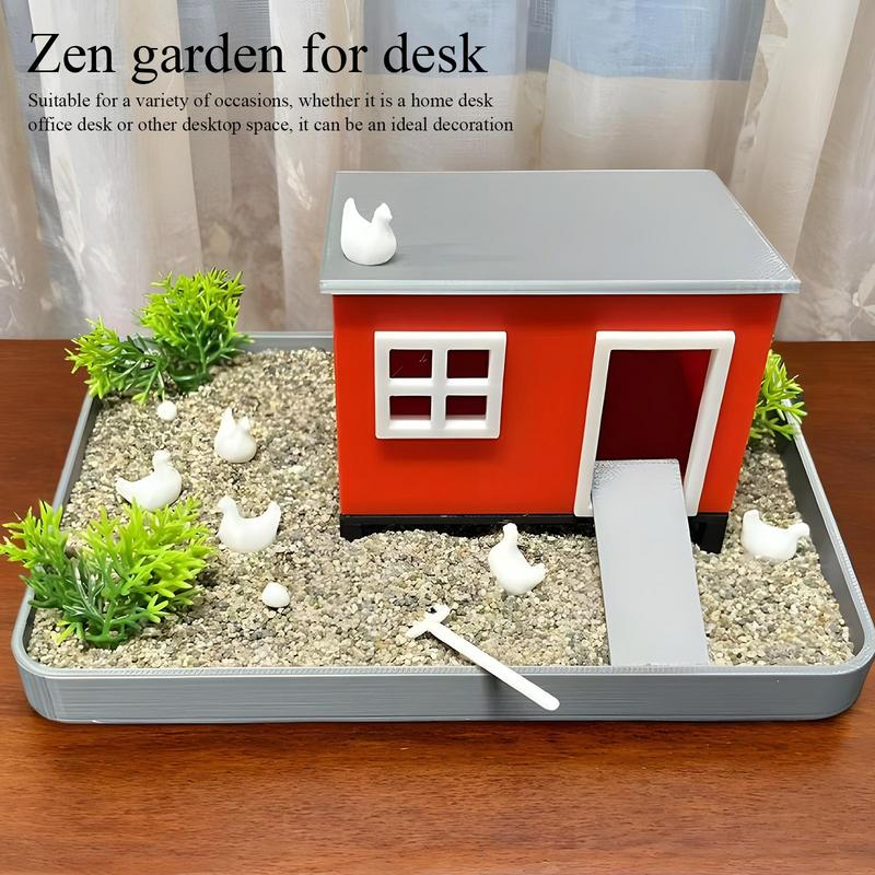 Desktop Chicken Zen Garden Sand Tray With House Desk Ornament Decorative Meditation Sand Tray Funny Sand Garden Decoration