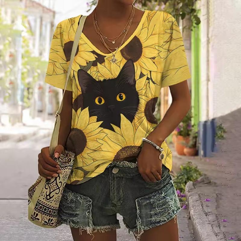 V-neck T-shirt Daily Fashion Tops Women's Short Sleeve Floral Printed Patterns Plus Size Loose Women's Clothing Outdoor T-Shirt