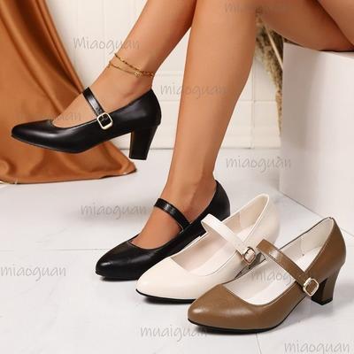 Модные женские черно-белые туфли-лодочки Мэри Джейн с ремешком на пряжке, толстым средним каблуком, туфли для платья, женские из искусственной кожи, удобные для офисной работы, большие размеры
