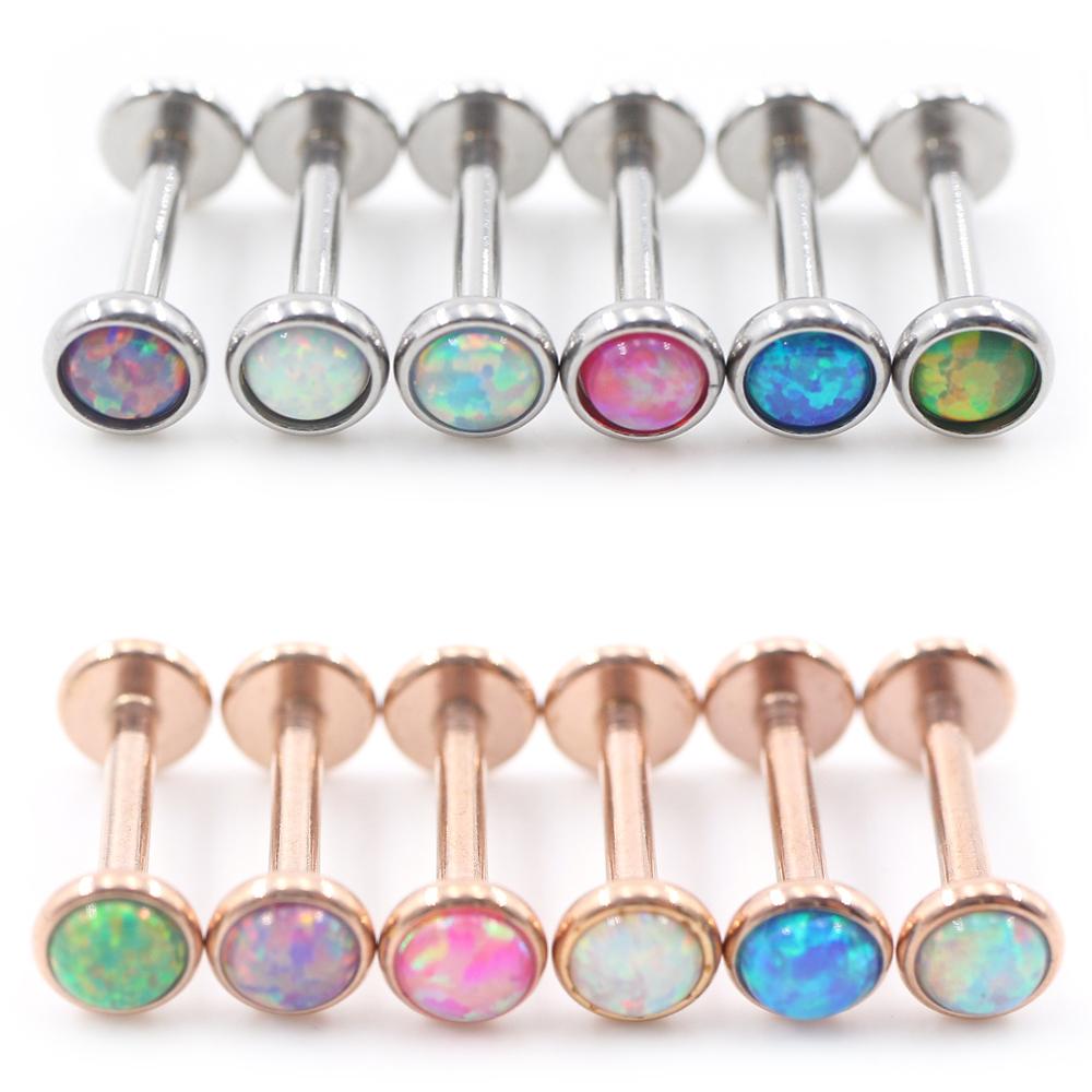 Alisouy 1PC Stainless Steel Opal Stone Labret Lip Tongue Rings Ear Tragus Helix Cartilage Stud Earrings Piercing Body Jewelry