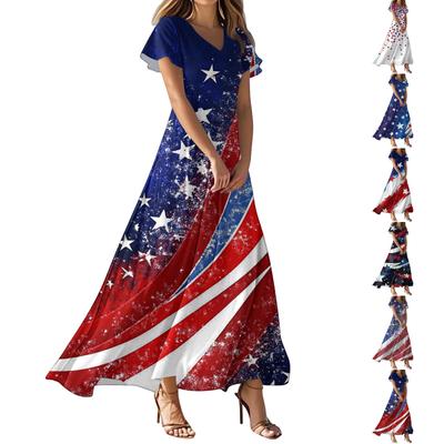 Женские повседневные модные длинные платья с принтом, платья с V-образным вырезом и коротким рукавом