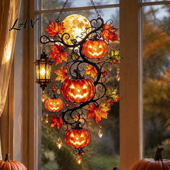Seasonal Pumpkin Ornaments Halloween Moon Lantern Ornament, Acrylic Stained Glass Window Hanging Sign Decoration, Autumn Maple Leaf Suncatcher Pendant