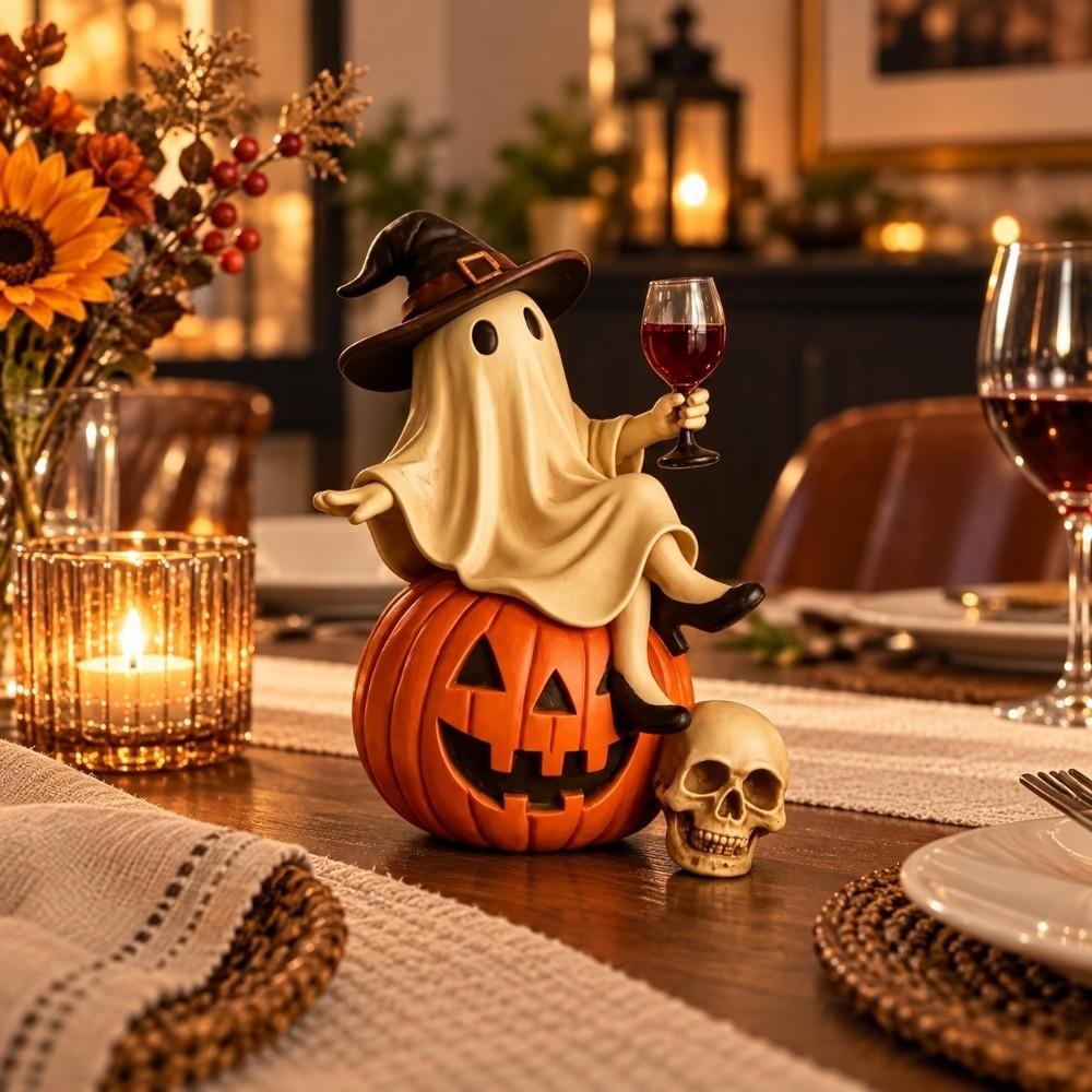 Spooky Witch Statue Holding a Wine Glass Tabletop Figurine Bar Tabletop Resin Ornament Ghost Decor