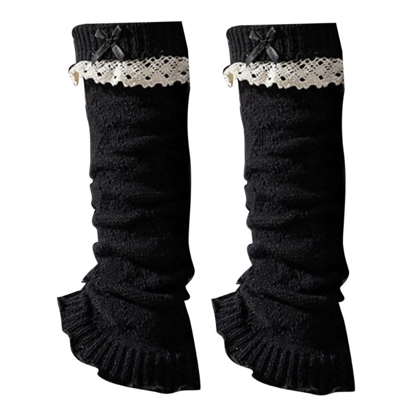 Women Fairycore Knitted Leg Warmers Calf Socks Japanese Sweet Bowknot Ruffled Lace Trim Leg Covers Boot Cuffs Stockings