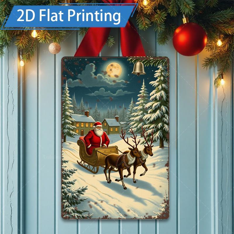 D FLAT pc Metal Sign Christmas Santa Sleigh Reindeer Snowy Night D Metal Art