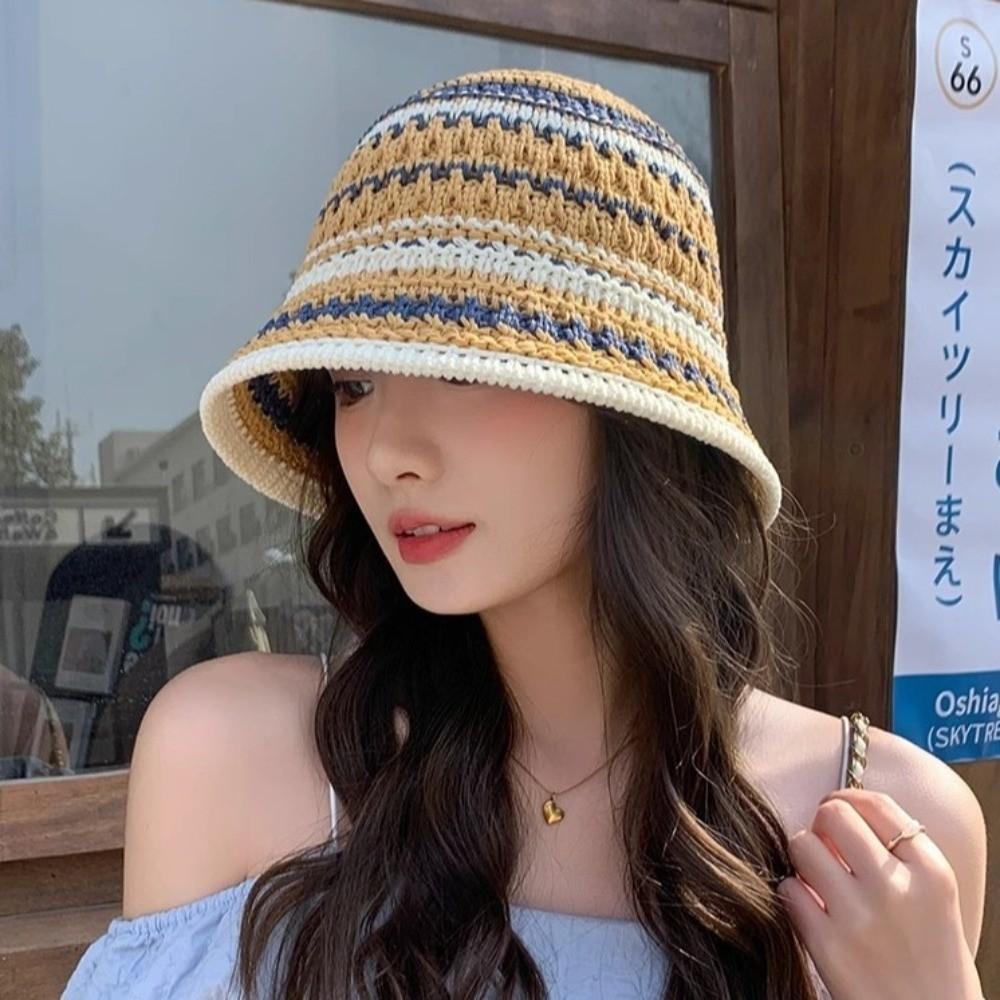 Stripe Knitted Bucket Hat Temperament Sun Protection Cap Fashion Fisherman Hat Women