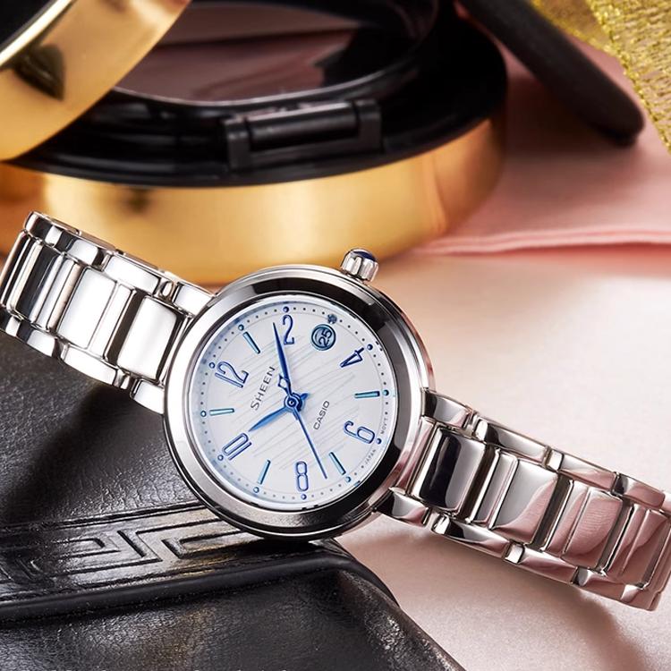 Casio Sheen Gradient Leaf Design Date Display Fashion Simple Waterproof Business Watch Quartz Movement Stainless Steel Strap SHE-4531D-7AUPR