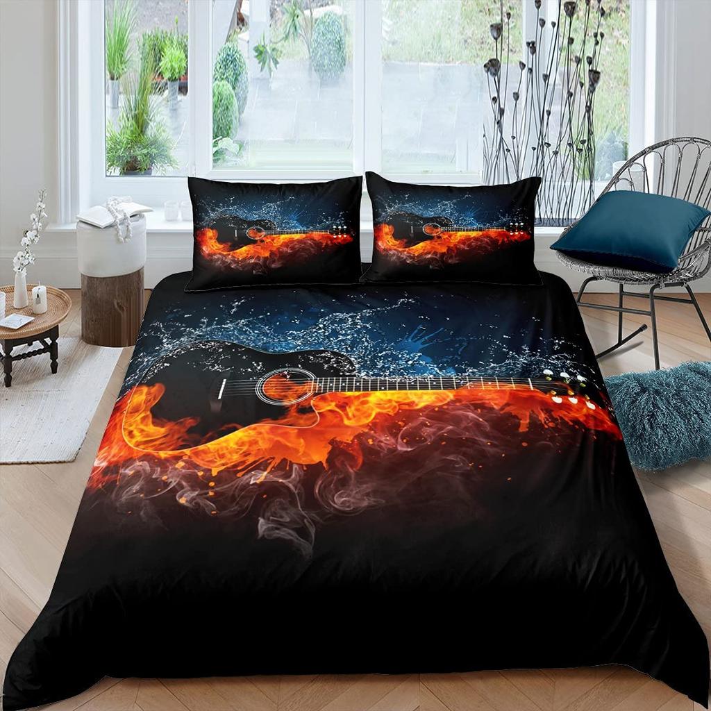 Guitar Duvet Cover Set Music Theme Bedding For Teens Microfiber Vintage Grey Guitar On Wooden Floor Quilt Cover Queen King Size