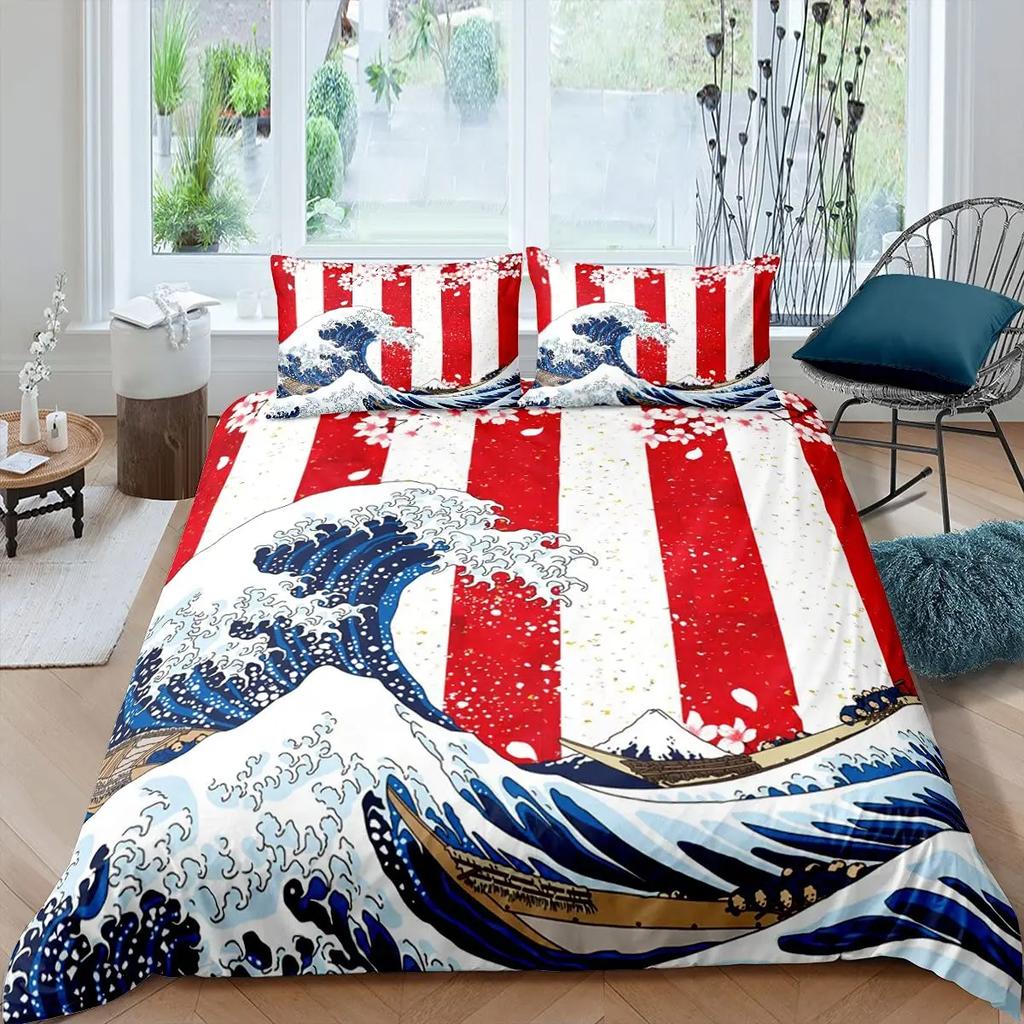 Японская волна Король Королева Пододеяльник Синий Морской Постельный комплект Кленовый лист Луна Покрывало Хокусай Укиё-э Полиэстер Чехол для одеяла