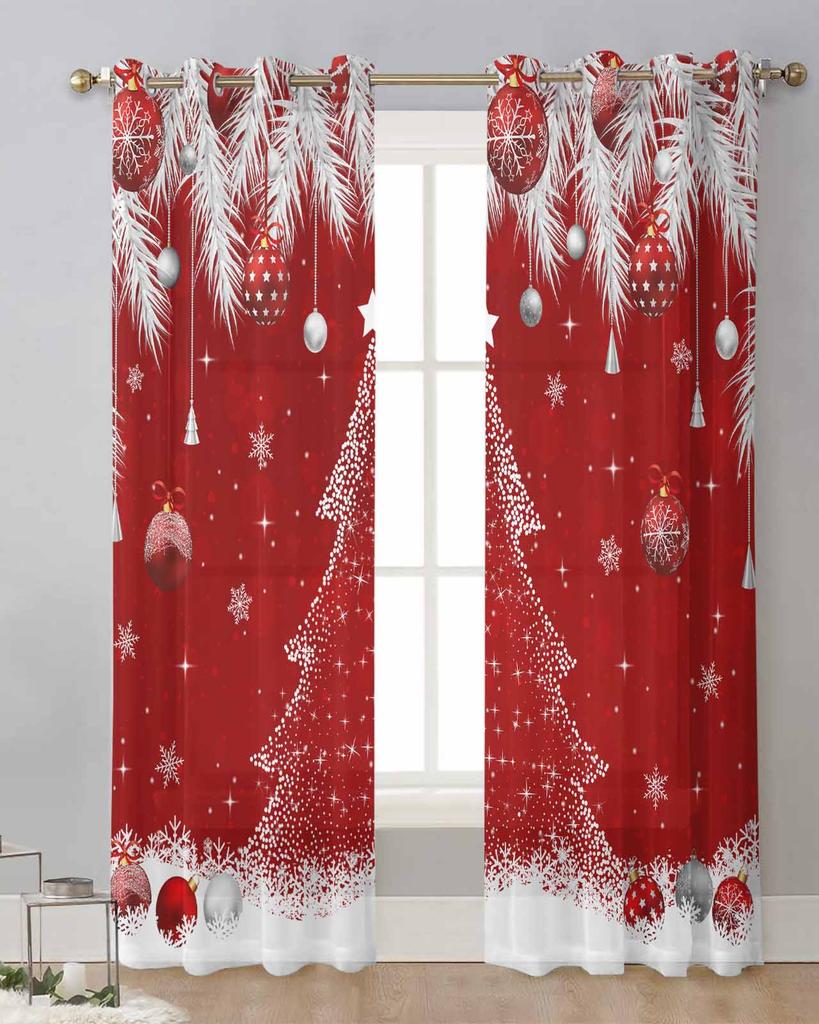 Рождественский шар из листьев кедра Рождественская елка Красные прозрачные шторы Украшение гостиной Оконные шторы Кухня Тюль Вуаль Шторы