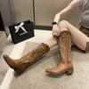 Coarse Heel Western Cowboy Boots Long Boots Women's Autumn 2025 New V-mouth Embroidery Sleeve Retro Pointed Knight Boots