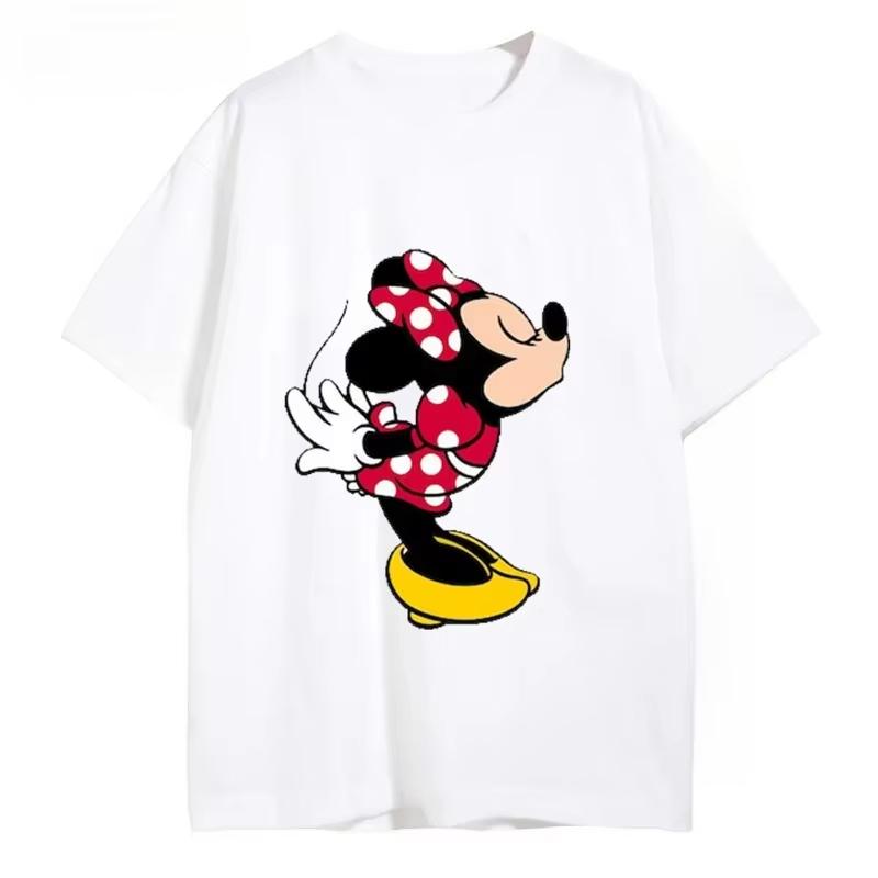 MINISO Disney Mickey and Minnie Print Couples T-shirt For Men Women Cotton Short Sleeve O-neck Tees Summer Casual Oversized Tops