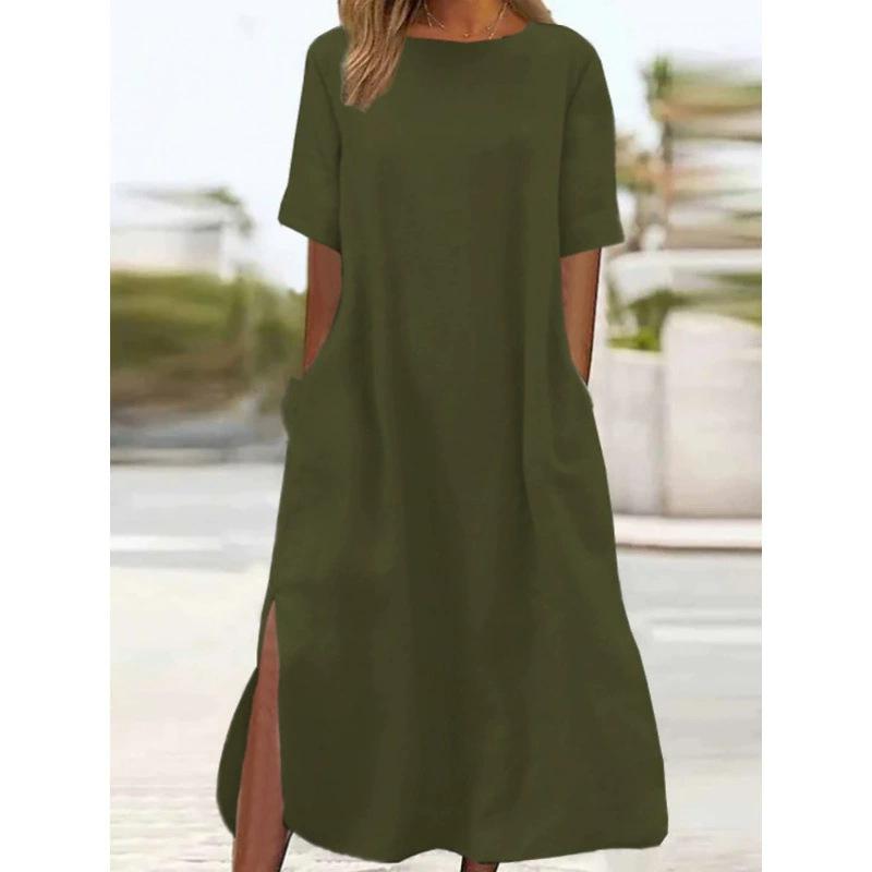 Повседневное свободное летнее платье макси с короткими рукавами и карманами