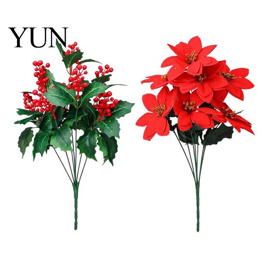 Faux Floral Arrangements for Holiday Decor Artificial Poinsettia Flowers, Christmas Red Bouquet with Berries, Silk Maintenance Free Plant Stems Table