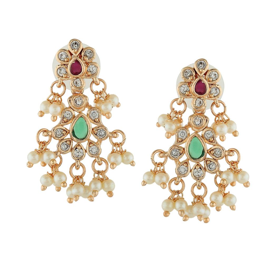 Estele Women's Designer Sparkling Flower Pearl Earrings Rose Gold with CZ