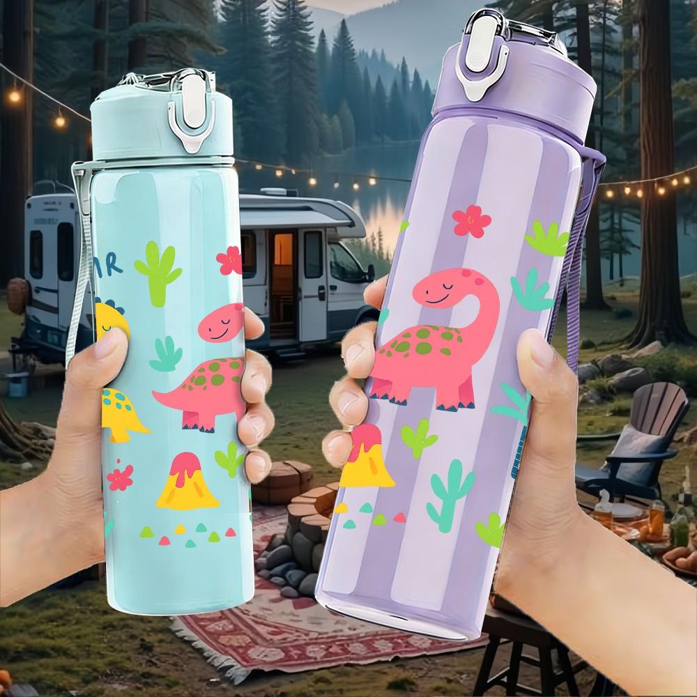 1PC Dinosaur Cactus Seamless Pattern 750ml Color Plastic Sports Water Bottle Leakproof Flip Straw Lid Suitable for Sports Office Home Use