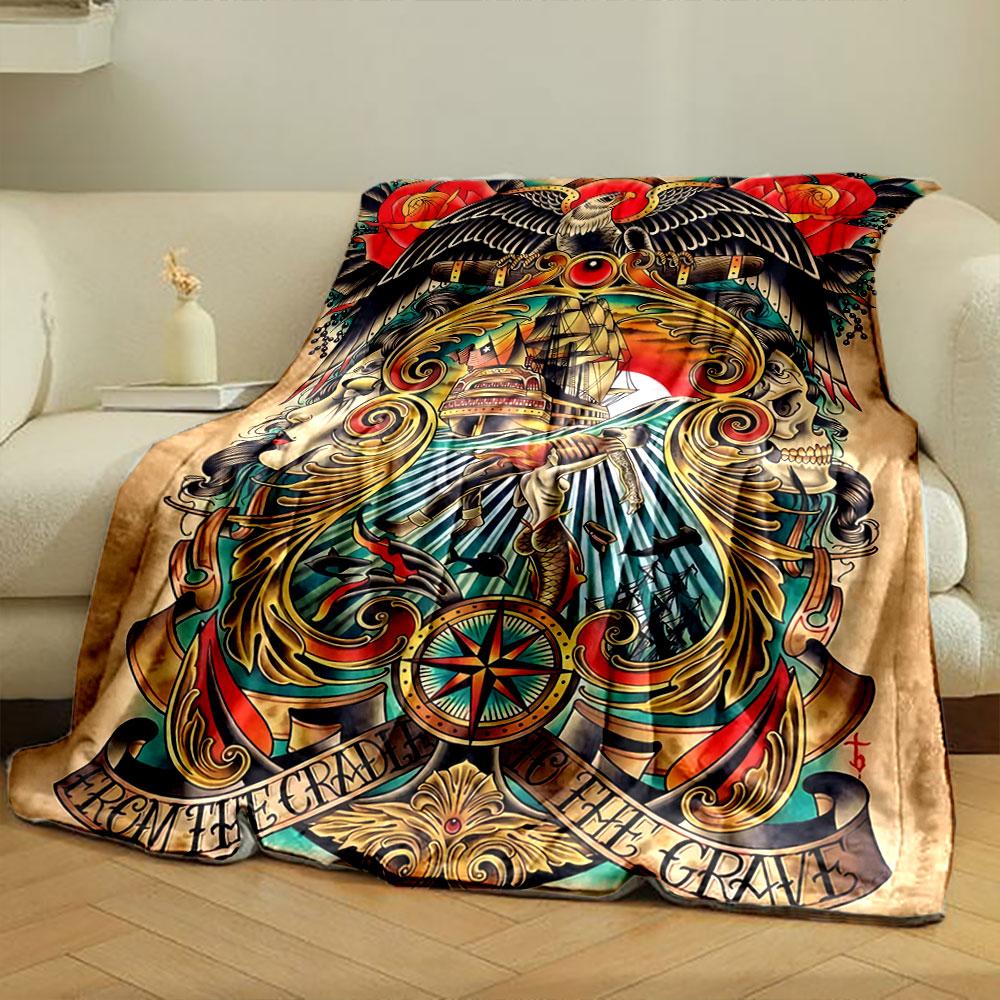 An eagle, ship, roses, compass, and skeleton framed by ornate golden swirls. for all seasons blanket lunch break throw gift