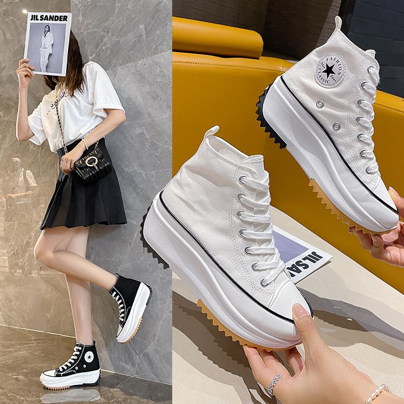 Thin Heightening Canvas Shoes Women'S New High-Top Casual Shoes Niche Muffin Thick-Soled White Shoes Versatile Shoes