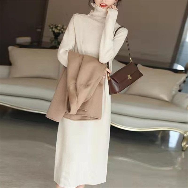 Пальто, юбка-водолазка, детская осенне-зимняя длинная свободная темпераментная, с дизайнерским вязаным базовым платьем