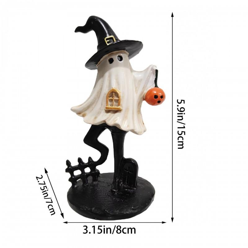 Halloween Resin Figurine Decor - Hand-Painted Pumpkin Head Ghost Witch Hat Mini Characters Desk Tabletop Festival Display