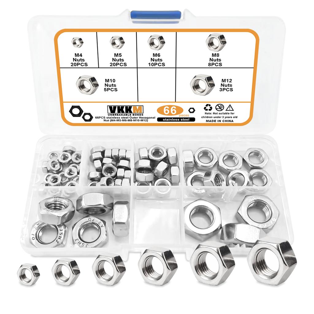66 шт. шестигранных гаек M4 M5 M6 M8 M10 M12, метрические, нержавеющая сталь 304, 6 размеров, шестигранные гайки с крупной резьбой