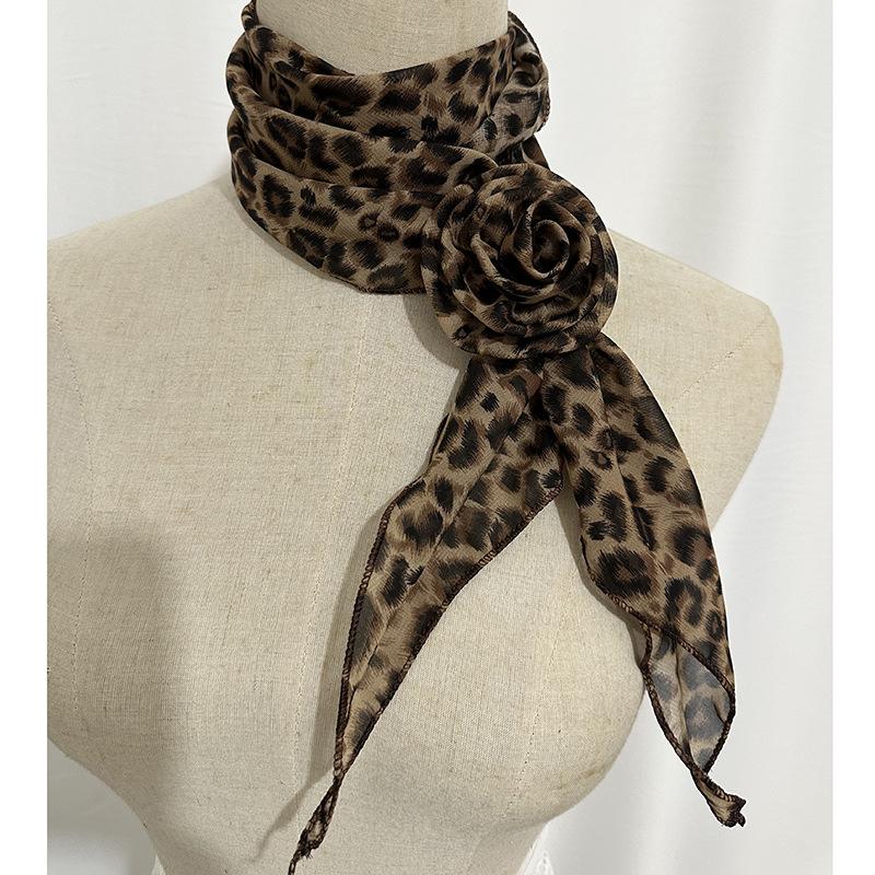 Elegant Leopard Print Silk Scarf Women DIY Tie Method Luxury Print Detachable Flower Headscarf Girls Fashion Ribbon Rose Scarf