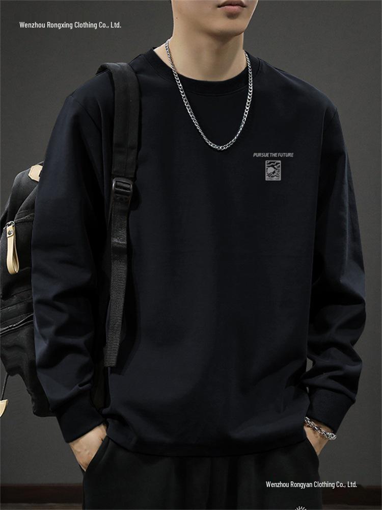 Оформление: Мужская осенняя базовая футболка с длинным рукавом из плотного хлопка 2025, толстовка свободного кроя с круглым вырезом
