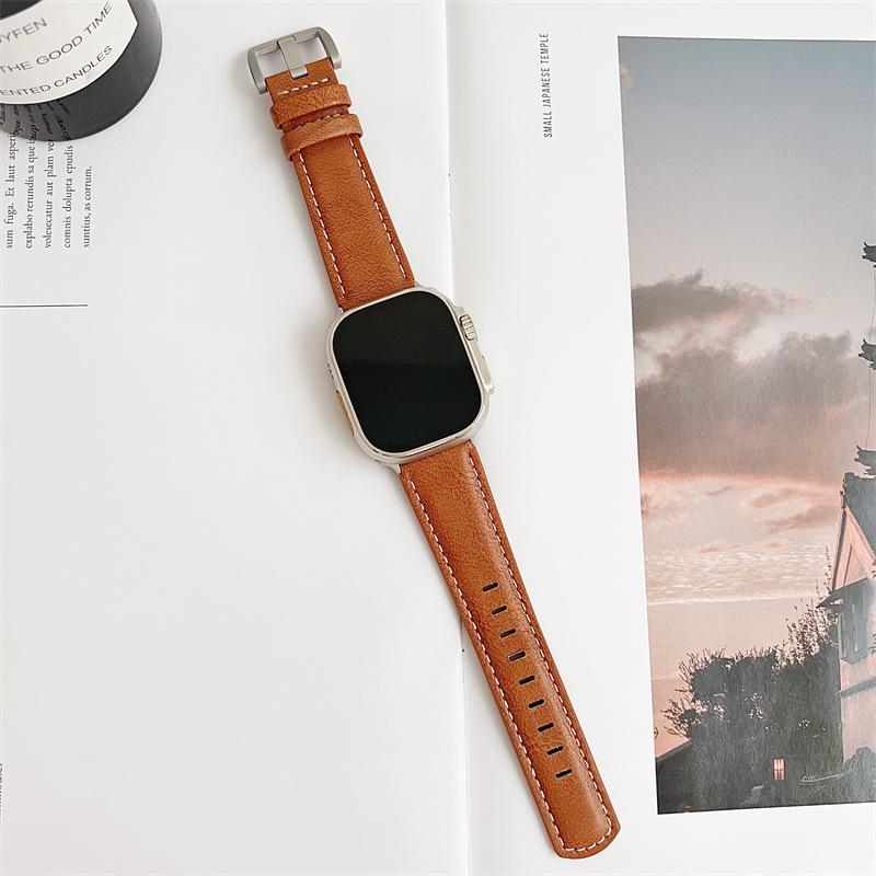 Кожаный ремешок для Apple Watch 2024 - Совместим с iWatch Series 98, Модный Широкий из Натуральной Кожи