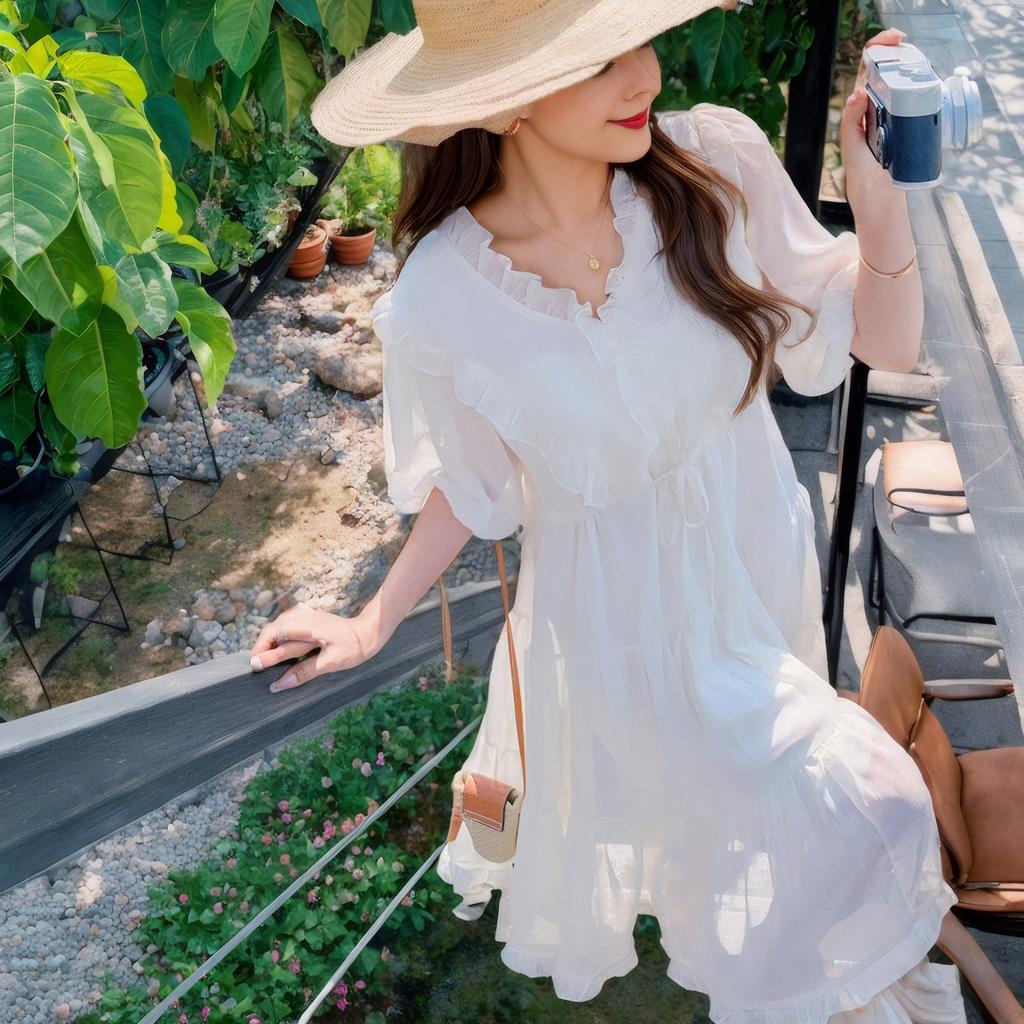 Новое летнее белое лунное платье для женщин с французскими черными ушками, шифоновая шнуровка на талии, утягивающая и милая белая юбка First Love