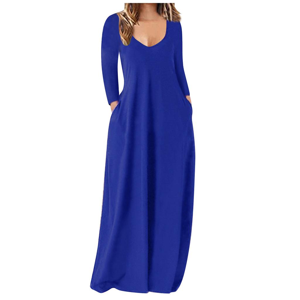 Женское повседневное свободное однотонное длинное платье сексуальное платье с глубоким V-образным вырезом и длинным рукавом