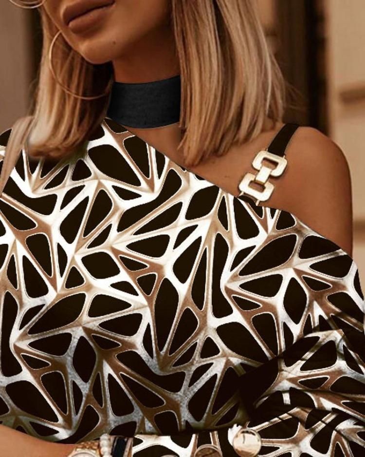 Women Long Sleeve Chain Halter Neck Printed Tops Autumn Winter Button Decorated Fashion