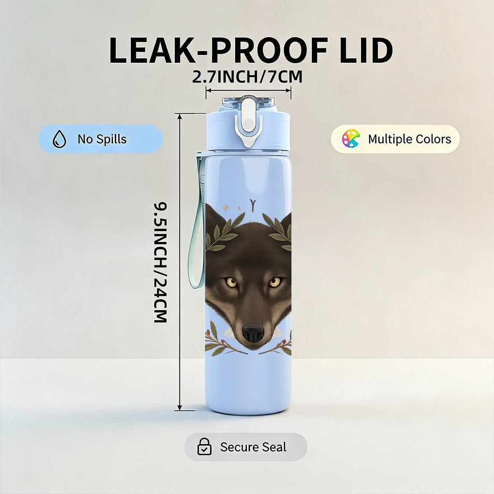1PC Dark Wolf Head Wreath 750ml Color Plastic Sports Water Bottle Leakproof Flip Straw Lid Suitable for Sports Office Home Use