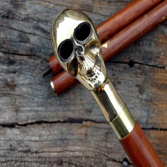 Walking Stick with Skull Head Handle, Antique Wooden Walking Stick