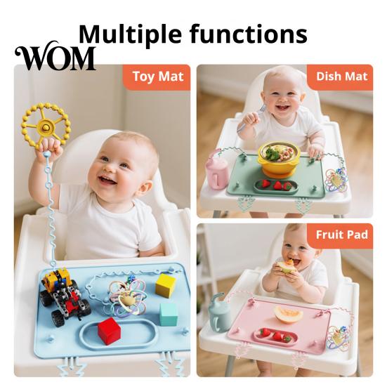 Foldable Play Mats Silicone Baby Placemat with Suction Cup, Toddlers Eating Food Mat Stain Proof Placemats Anti-fall Rope, Multi-functional