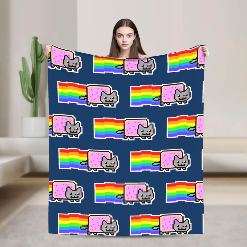 Cat Rainbow Pixel Space Nyans Blanket Flannel Textile Decor Multifunction Soft Throw Blankets for Bedding Couch Rug Piece