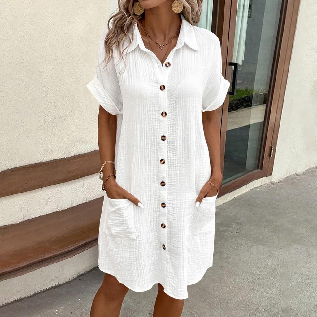 Women'S Fashion Summer Minimalist V-Neck Button Up Dress Woman Cotton Linen White Short Sleeved Pocket Casual Loose Shirt Dress