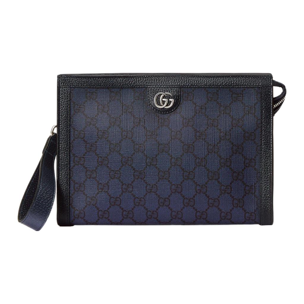 Gucci GG Monogram Canvas Leather Trim Zip Pouch Wristlet Clutch In Blue For Unisex Daily Use