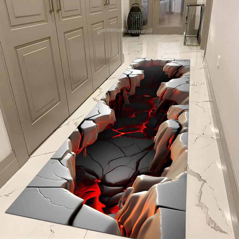 3D Stone Crack Gorge Hallway 3D Runner Rug Realistic Deep Valley Illusion Floormat Ideal for Corridor Decor