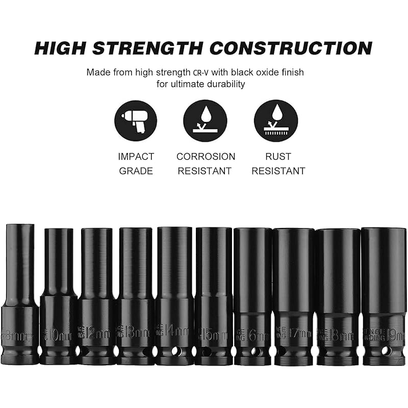 1/2 (12,7) Набор ударных головок Глубокая ударная головка 10 мм 12 мм 13 мм 14 мм 15 мм 17 мм 19 мм 21 мм 22 мм 24 мм Набор из 10 предметов С футляром Тип поверхностного контакта