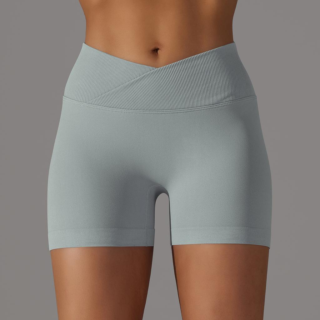 Seamless Knitted Breathable Solid Color Cross-waist Peach Hip Yoga Shorts Running Fitness Three-quarter Pants For Women