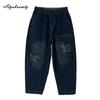 Корейский стиль осень-зима женские джинсы-бабочки с высокой талией повседневные свободные аппликации джинсовые брюки темно-синие черные винтажные джинсы